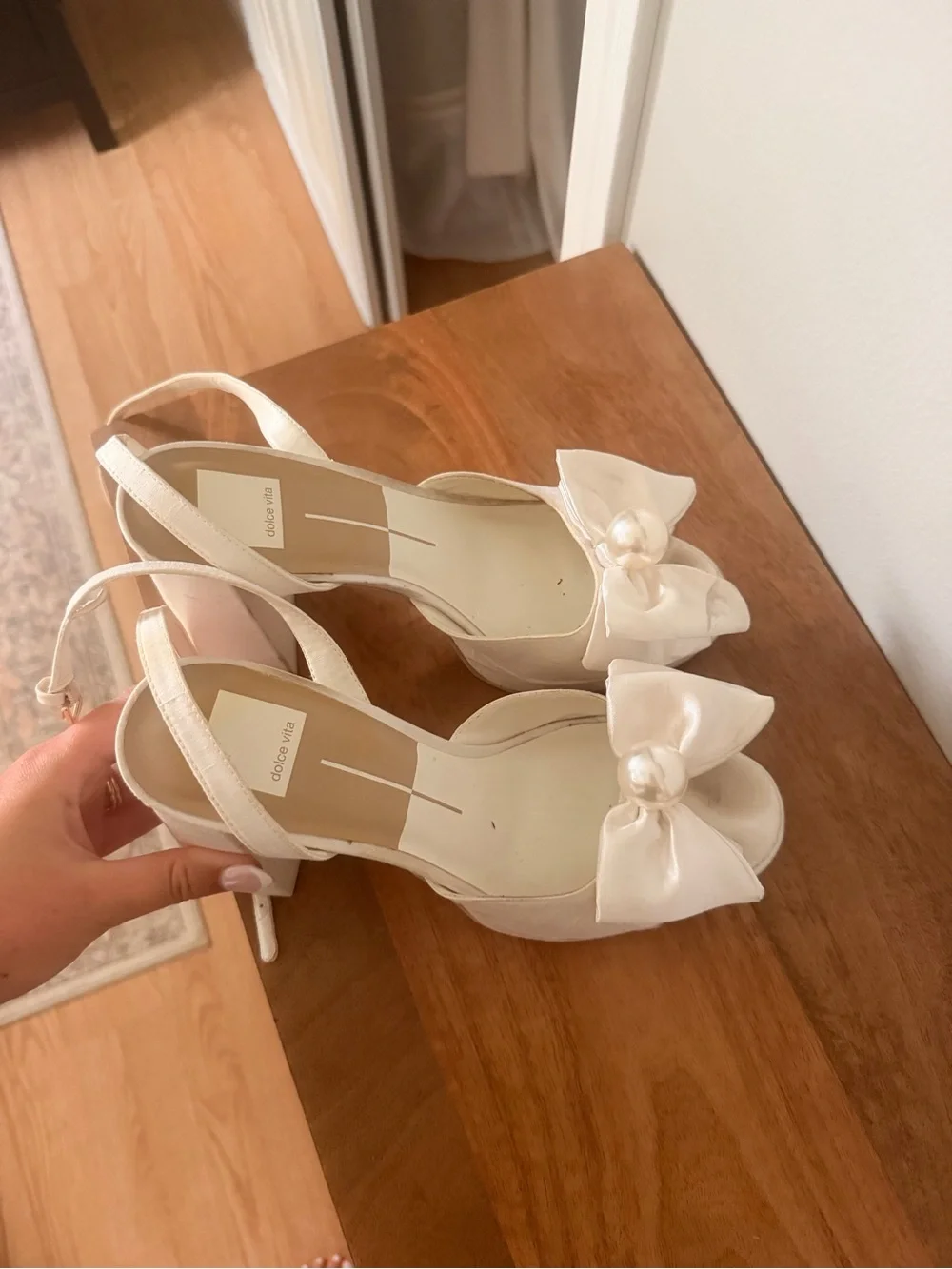 Dolce Vita Ivory Satin Platform Heels with Bow & Pearl